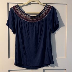 Sweet Wanderer Navy Blouse with Embroidered Detail